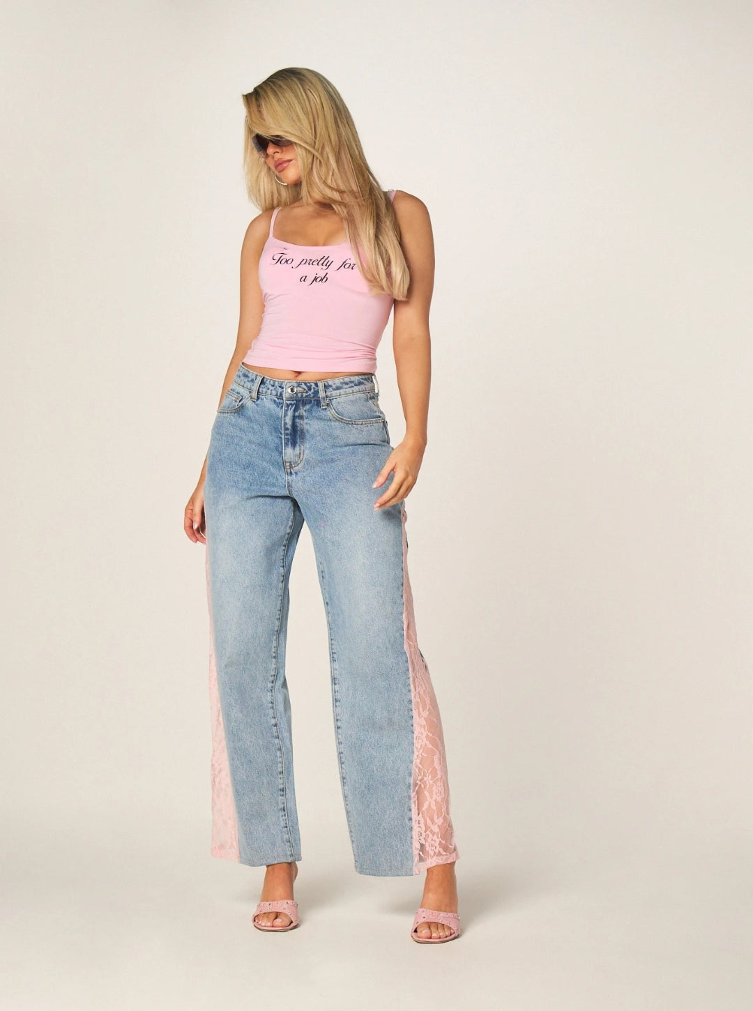Jean Azul Medio Básico Encaje Wide Leg Bota Ancha