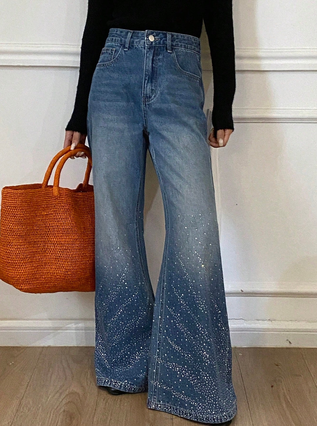 Jean Azul Brillos Pedrería Glam Bota Ancha