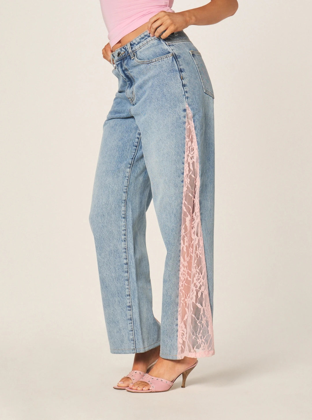 Jean Azul Medio Básico Encaje Wide Leg Bota Ancha