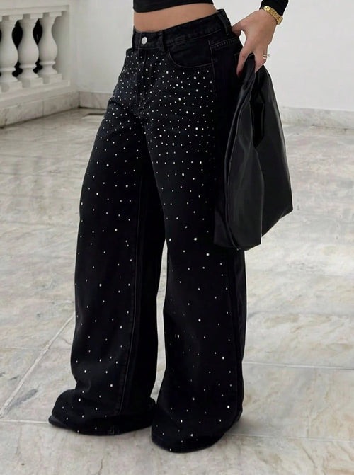 Jean Azul Brillos Pedrería Diamond Bota Ancha