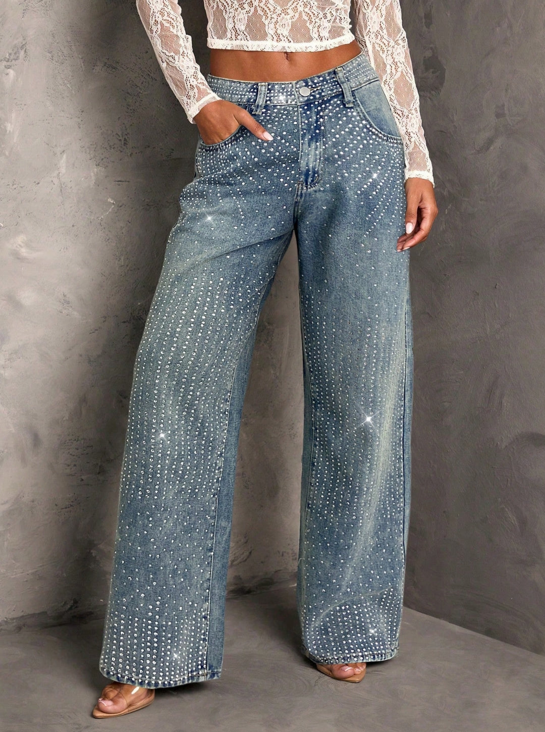 Jean Azul Aurora Brillos Pedrería Bota Ancha