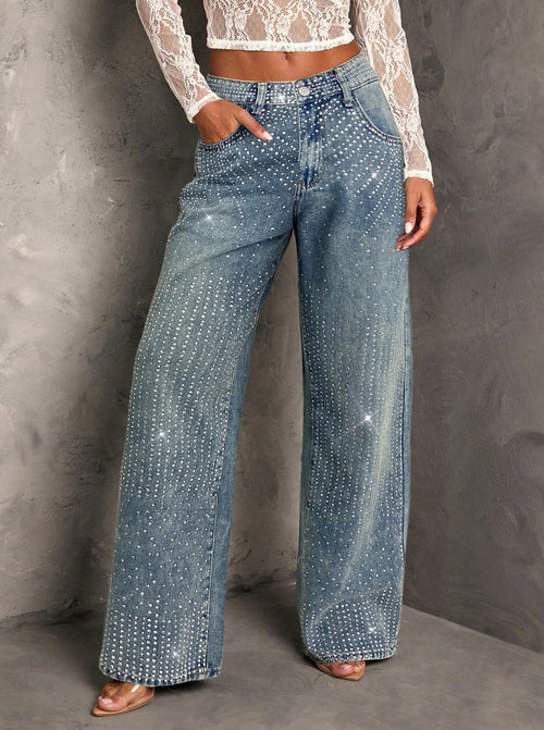 Jean Azul Aurora Brillos Pedrería Bota Ancha