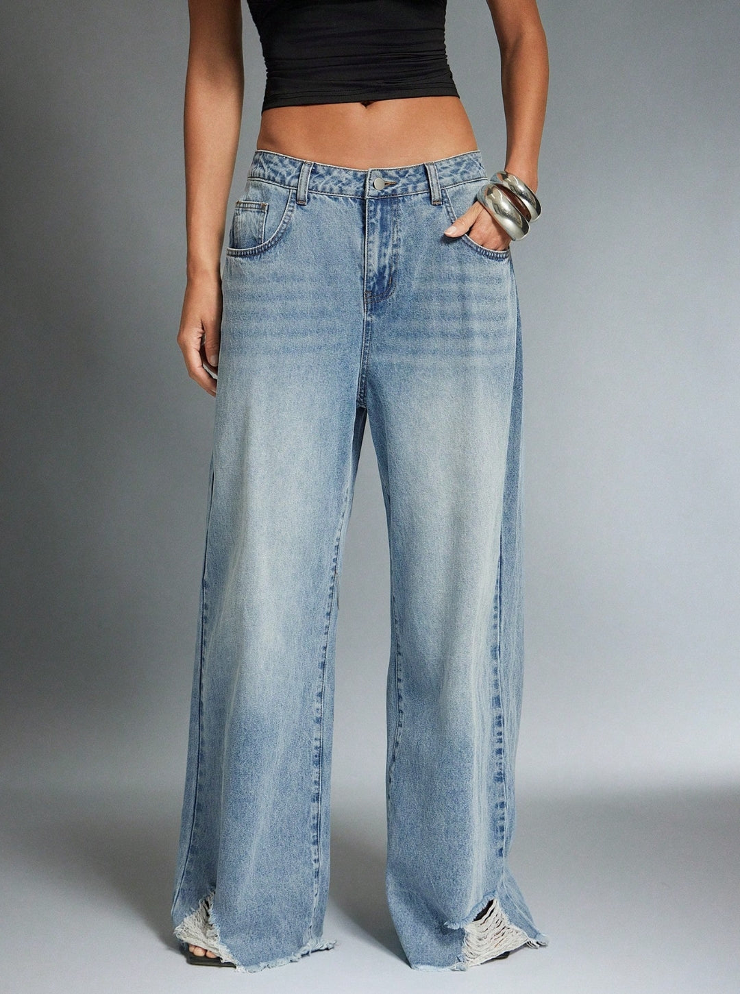 Jean Azul Claro Ripped Rasgado Bota Ancha