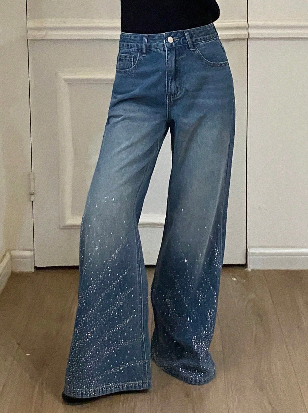 Jean Azul Brillos Pedrería Glam Bota Ancha