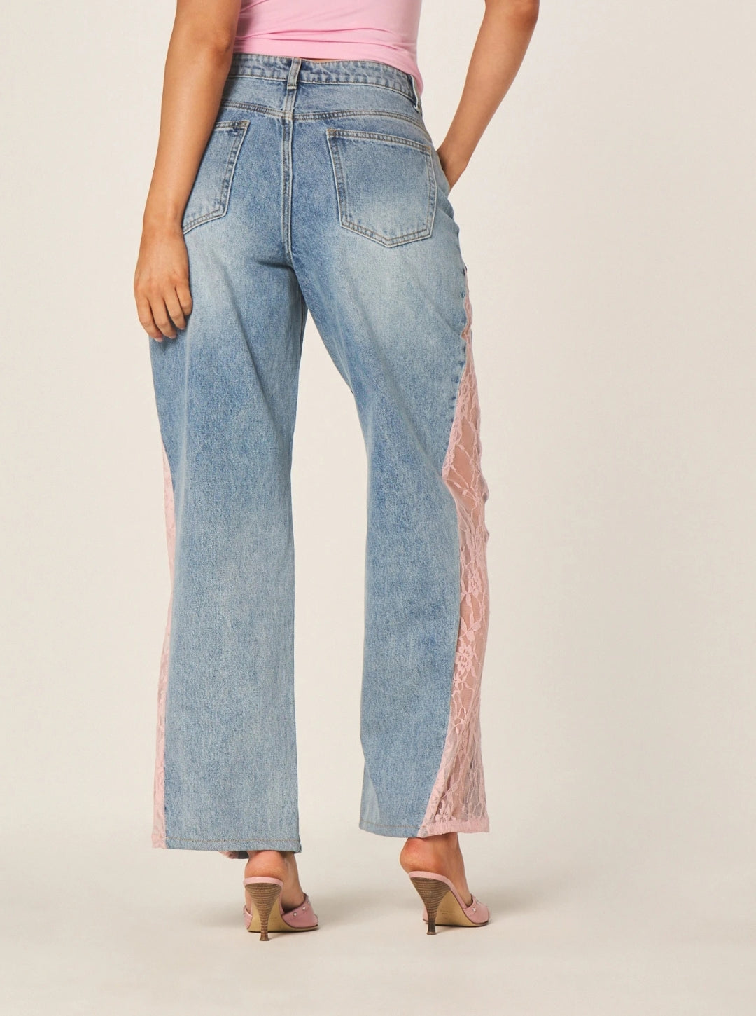 Jean Azul Medio Básico Encaje Wide Leg Bota Ancha