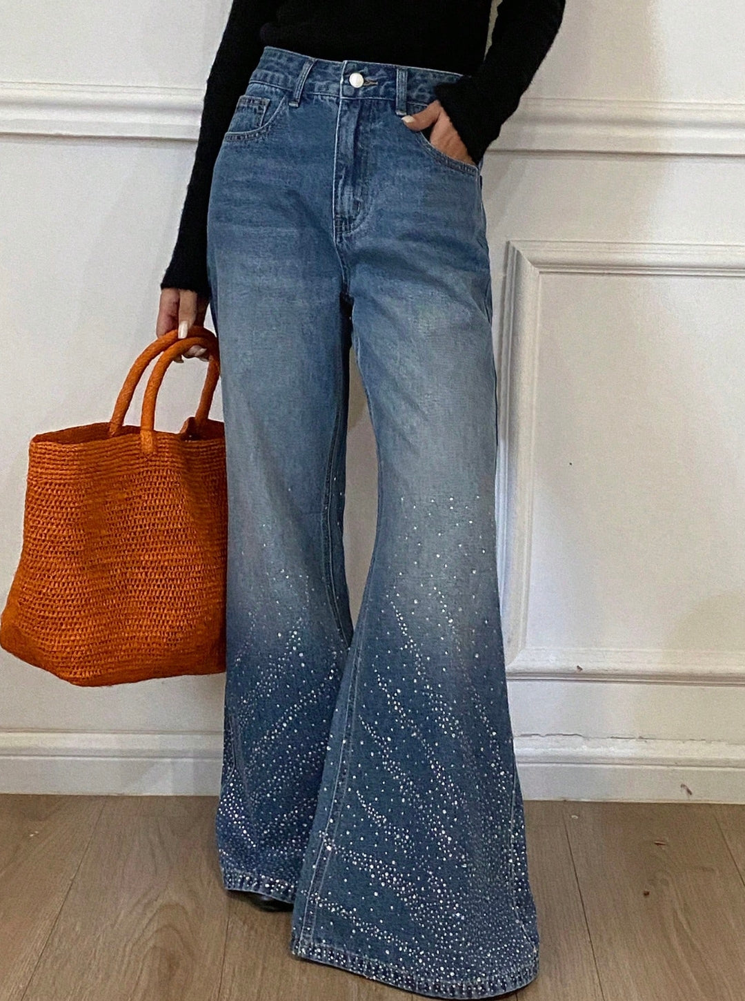 Jean Azul Brillos Pedrería Glam Bota Ancha