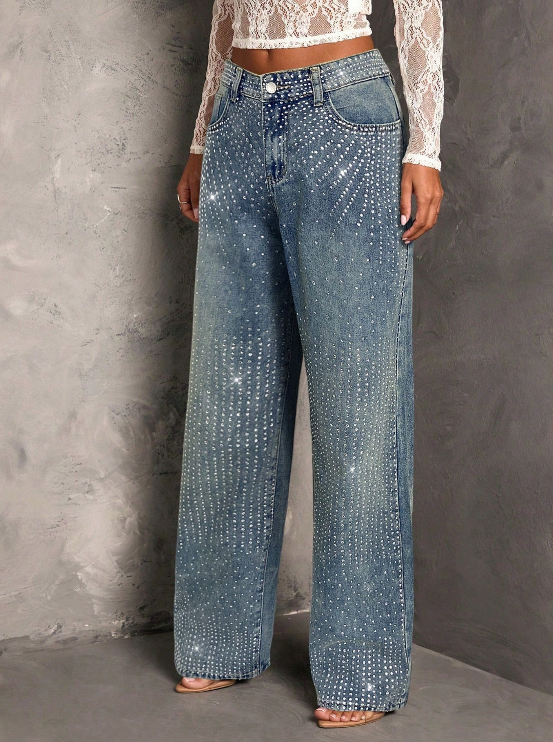 Jean Azul Aurora Brillos Pedrería Bota Ancha