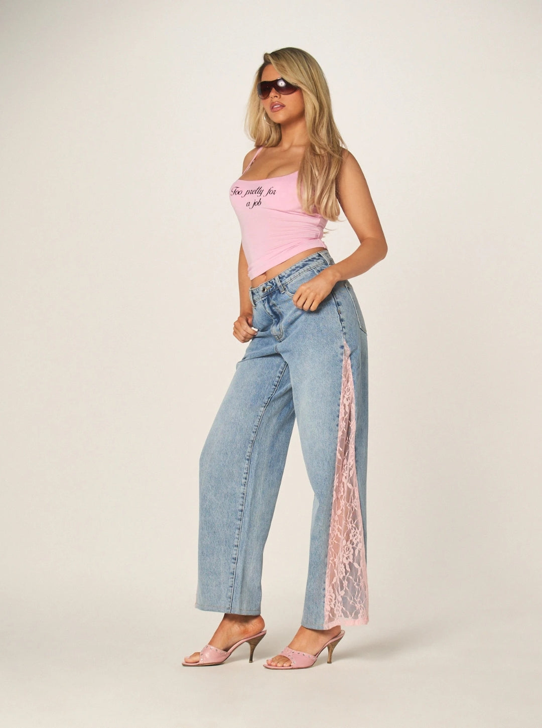 Jean Azul Medio Básico Encaje Wide Leg Bota Ancha
