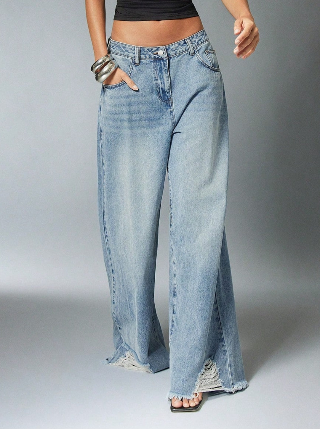 Jean Azul Claro Ripped Rasgado Bota Ancha