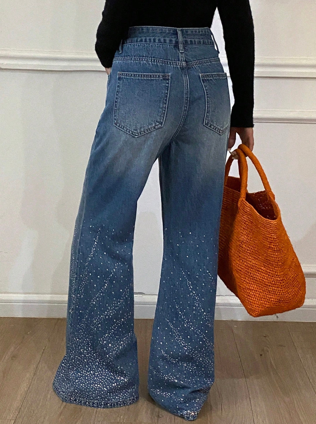 Jean Azul Brillos Pedrería Glam Bota Ancha